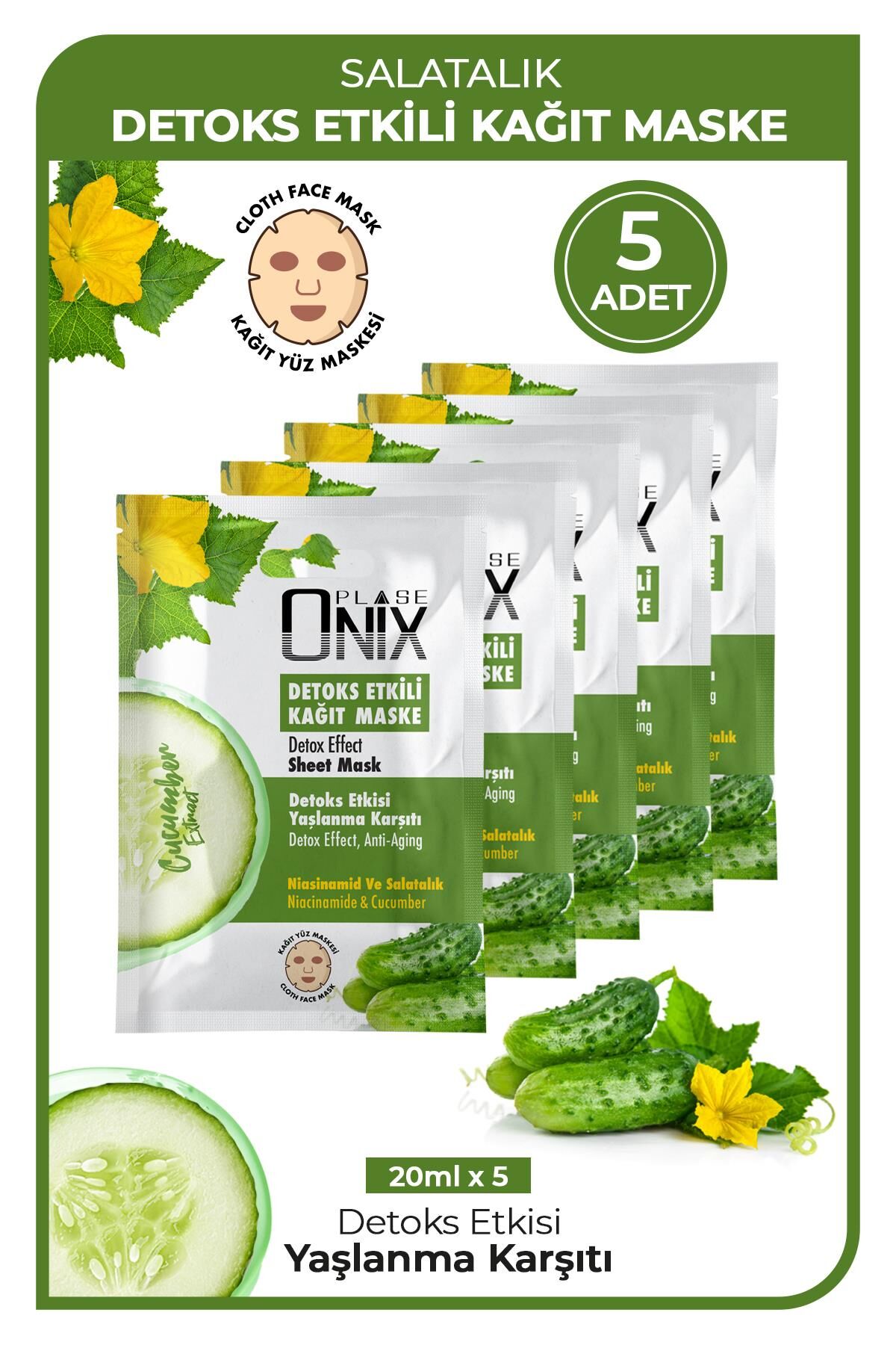 Onix Detox Etkili Kağıt Maske 20 ml - Salatalık Özü 5 Adet