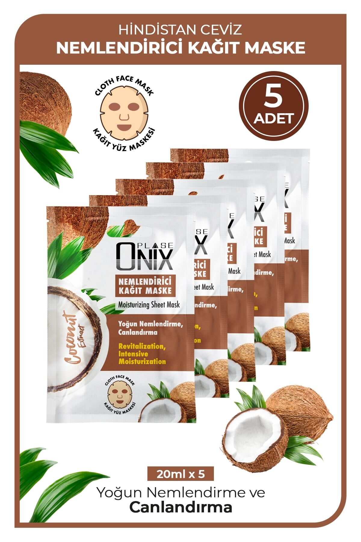 Onix Nemlendirici Kağıt Maske  20 ml - Hindistan Cevizi 5 Adet
